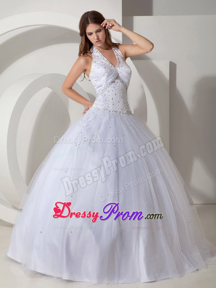 Halter Ball Gown Floor-length Beading Quinceanera Dress in White