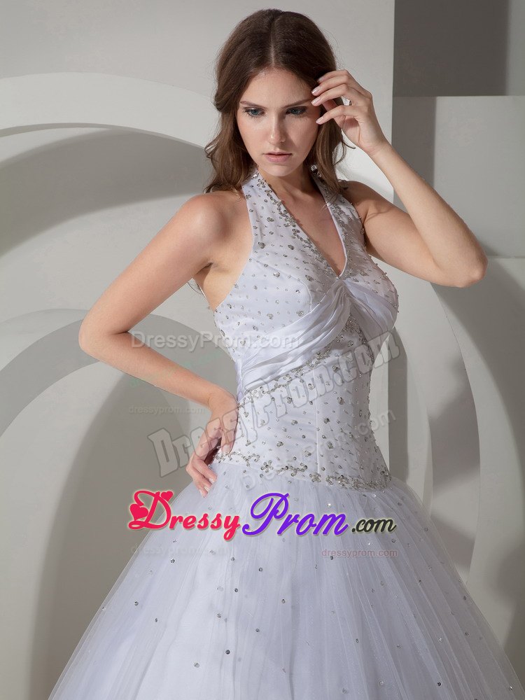 Halter Ball Gown Floor-length Beading Quinceanera Dress in White