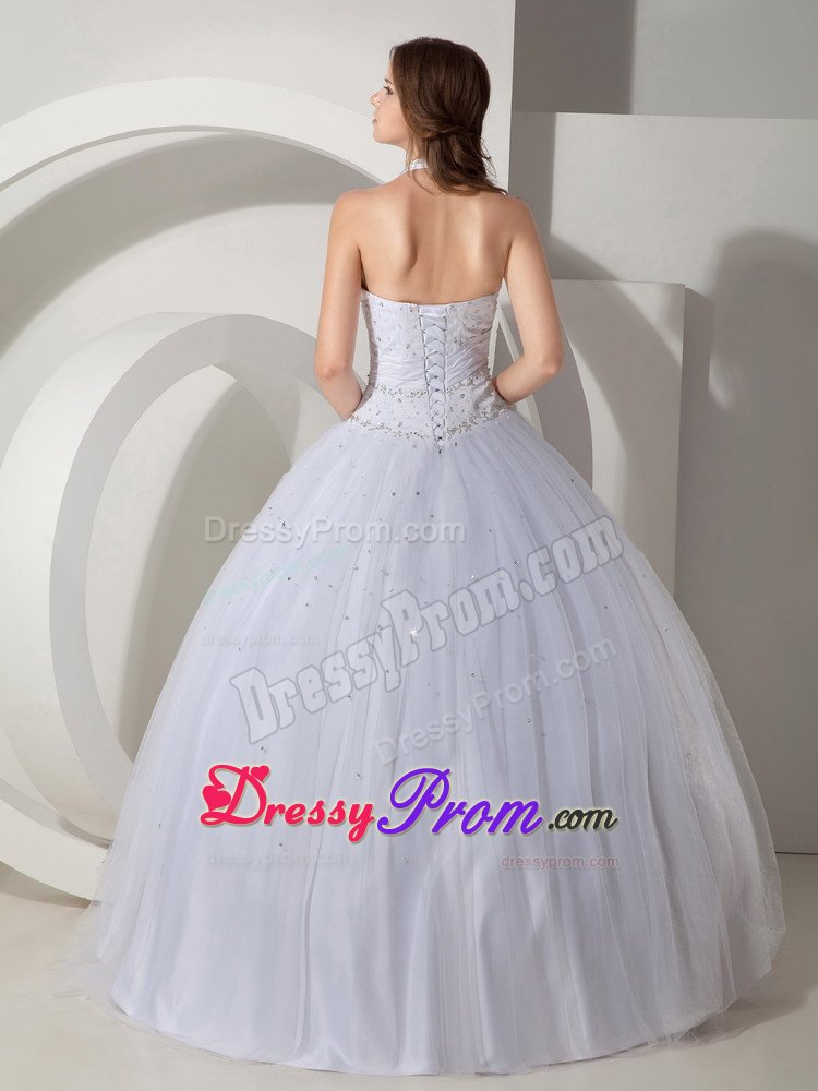 Halter Ball Gown Floor-length Beading Quinceanera Dress in White