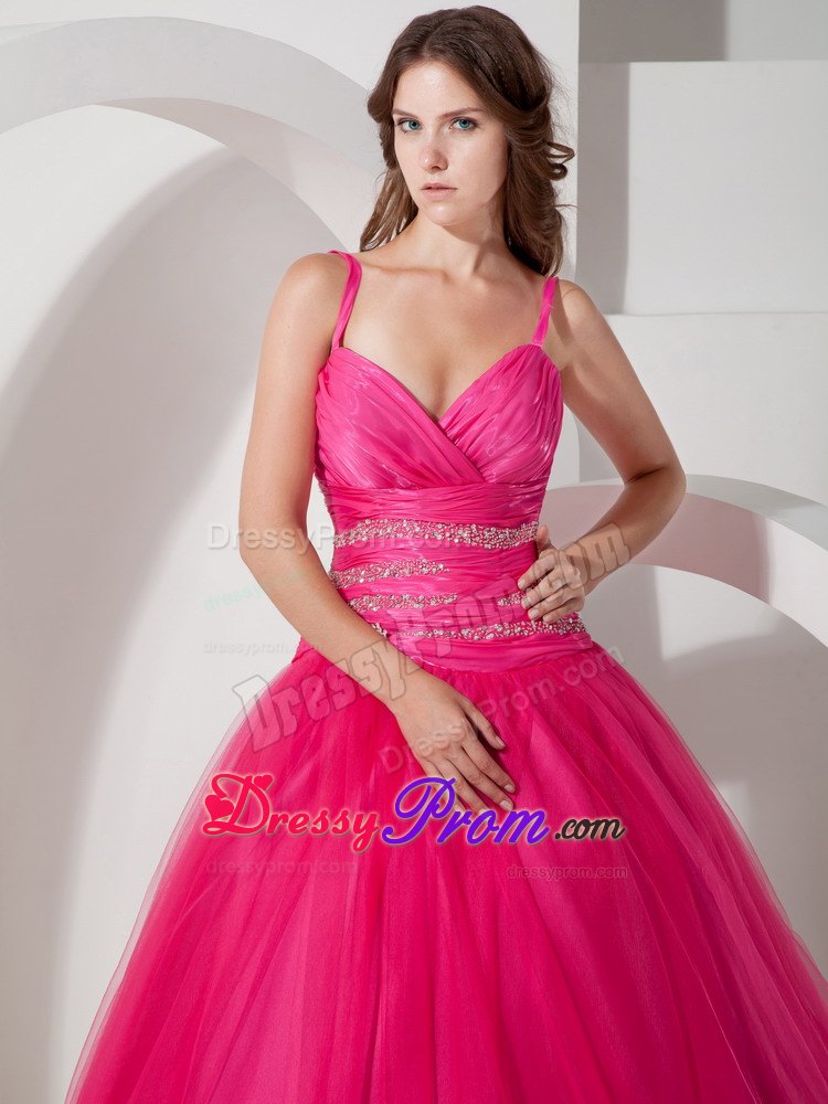 Spaghetti Straps Hot Pink Ball Gown Tulle Quinceanera Dress with Beading