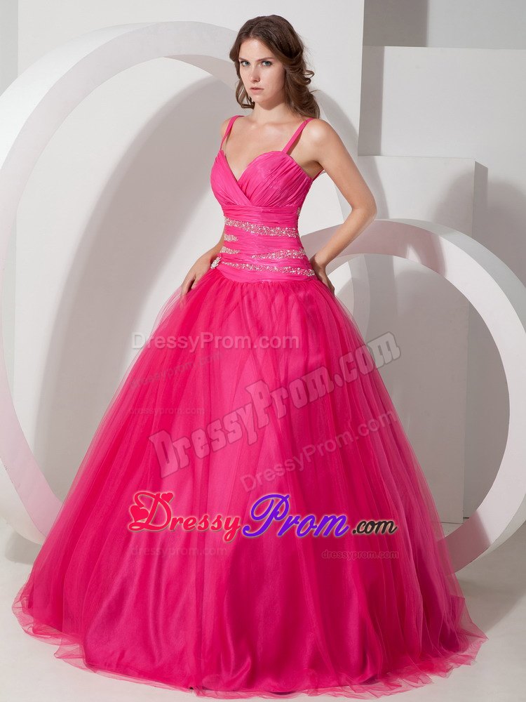 Spaghetti Straps Hot Pink Ball Gown Tulle Quinceanera Dress with Beading