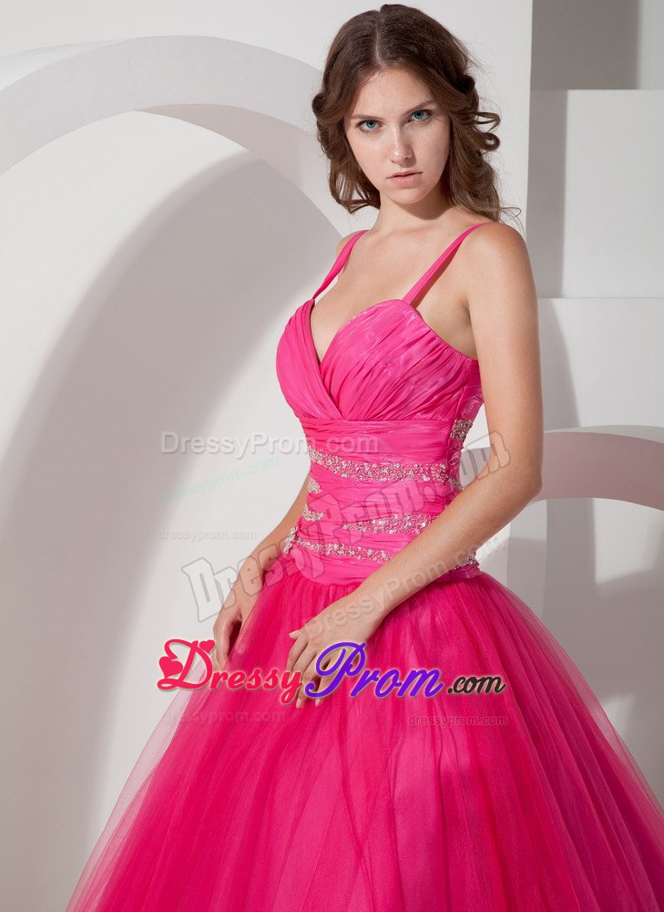 Spaghetti Straps Hot Pink Ball Gown Tulle Quinceanera Dress with Beading