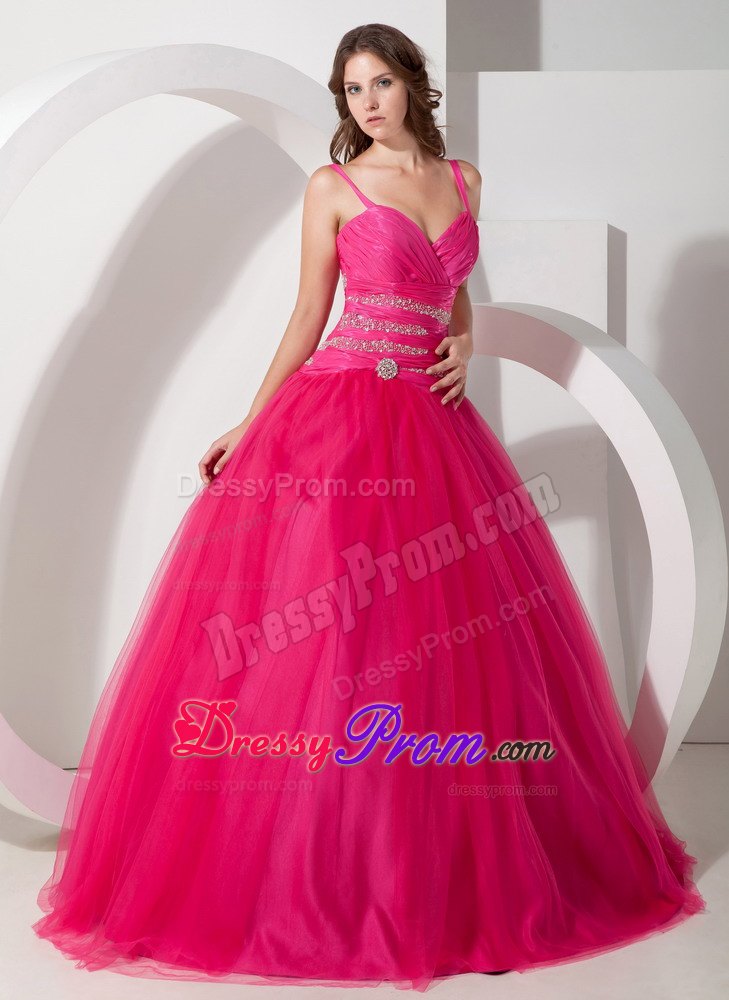 Spaghetti Straps Hot Pink Ball Gown Tulle Quinceanera Dress with Beading