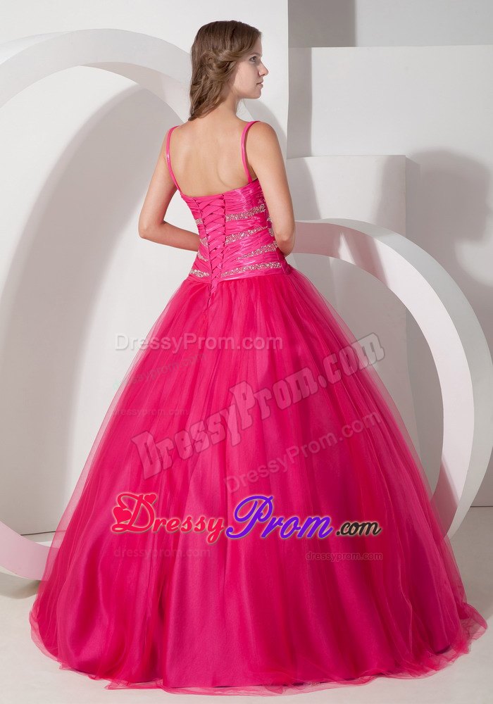 Spaghetti Straps Hot Pink Ball Gown Tulle Quinceanera Dress with Beading