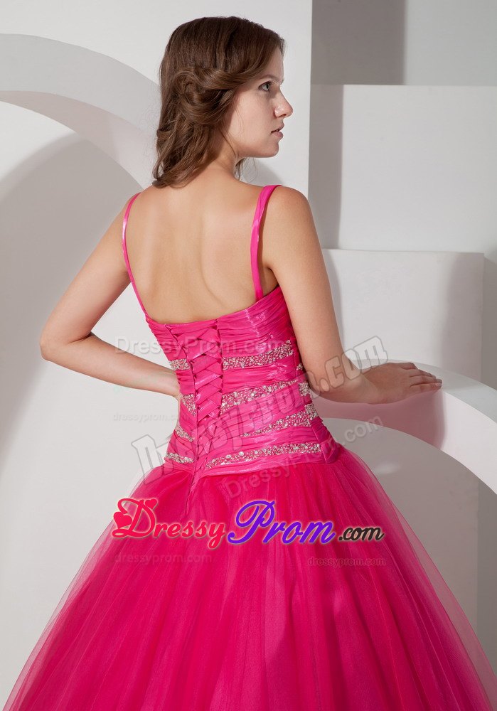 Spaghetti Straps Hot Pink Ball Gown Tulle Quinceanera Dress with Beading