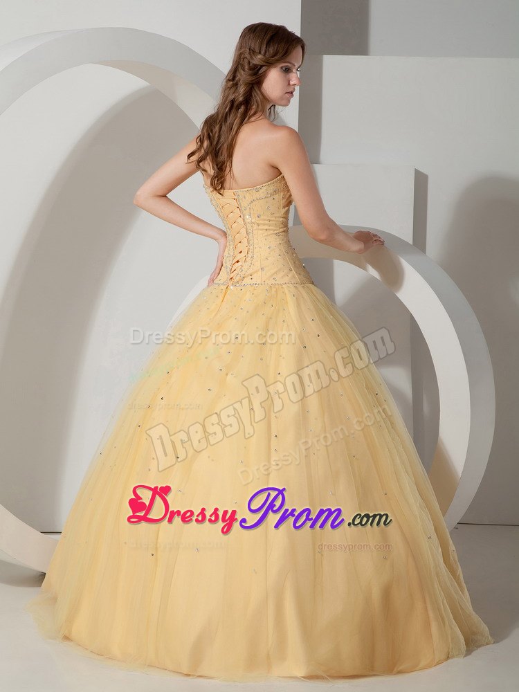 Beading Strapless Light Yellow Ball Gown Tulle Dresses Quinceanera