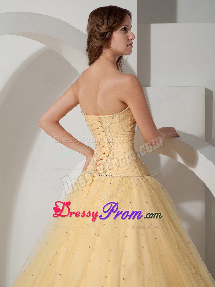 Beading Strapless Light Yellow Ball Gown Tulle Dresses Quinceanera