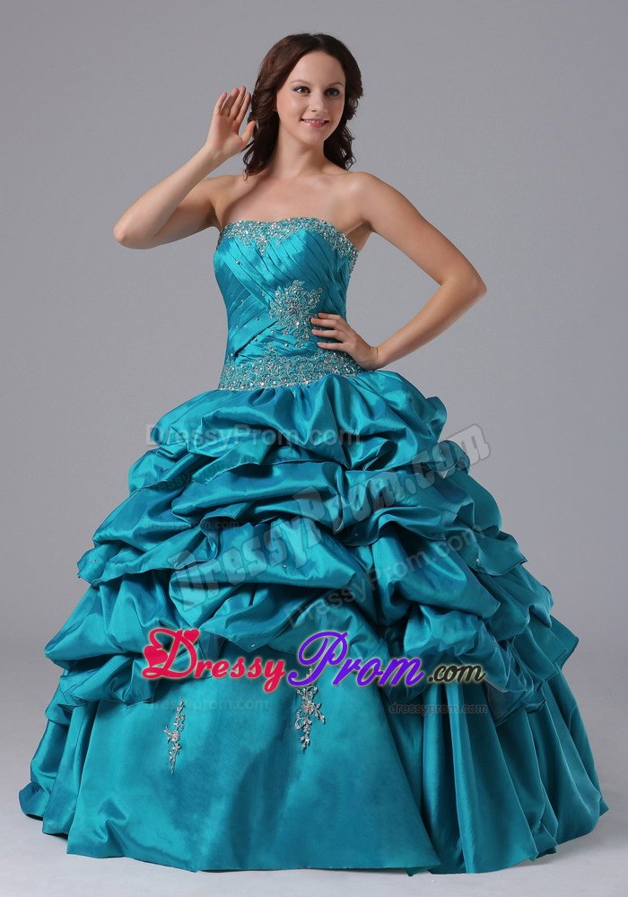 Turquoise Pick-up Quinceanera Dress With Beading and Appliques