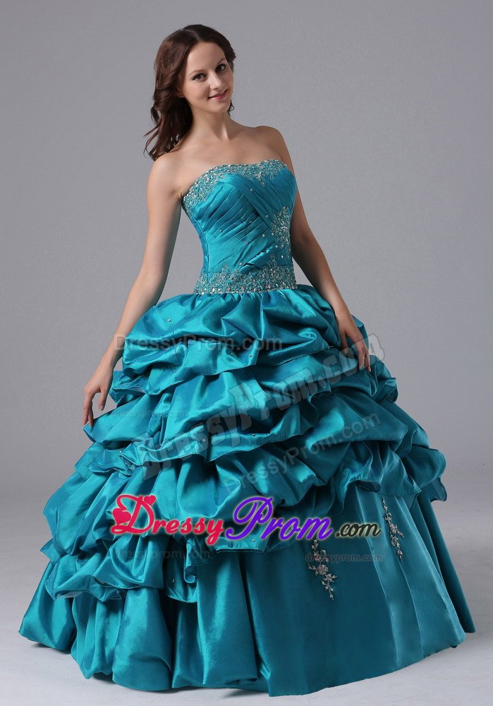 Turquoise Pick-up Quinceanera Dress With Beading and Appliques