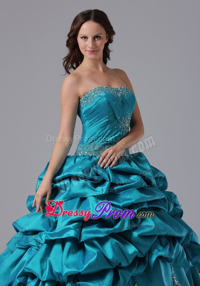 Turquoise Pick-up Quinceanera Dress With Beading and Appliques