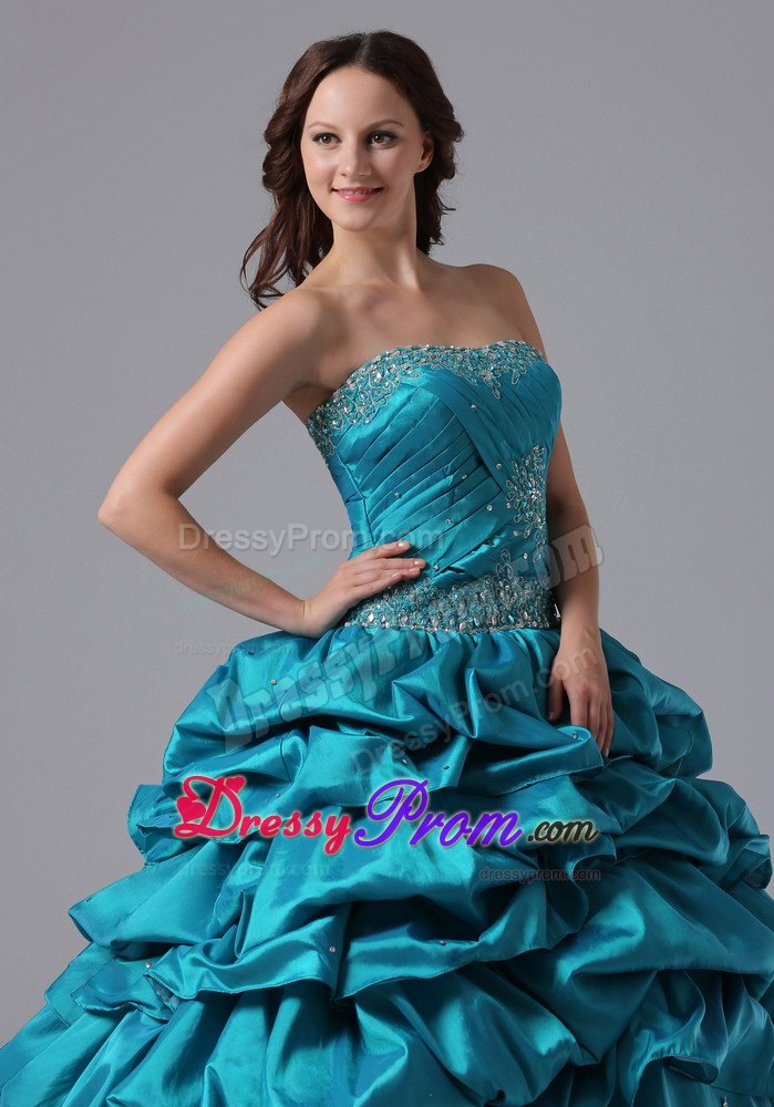 Turquoise Pick-up Quinceanera Dress With Beading and Appliques