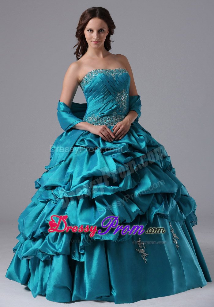 Turquoise Pick-up Quinceanera Dress With Beading and Appliques