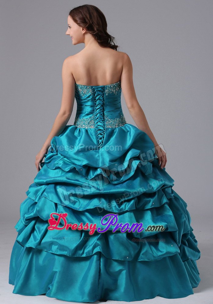 Turquoise Pick-up Quinceanera Dress With Beading and Appliques