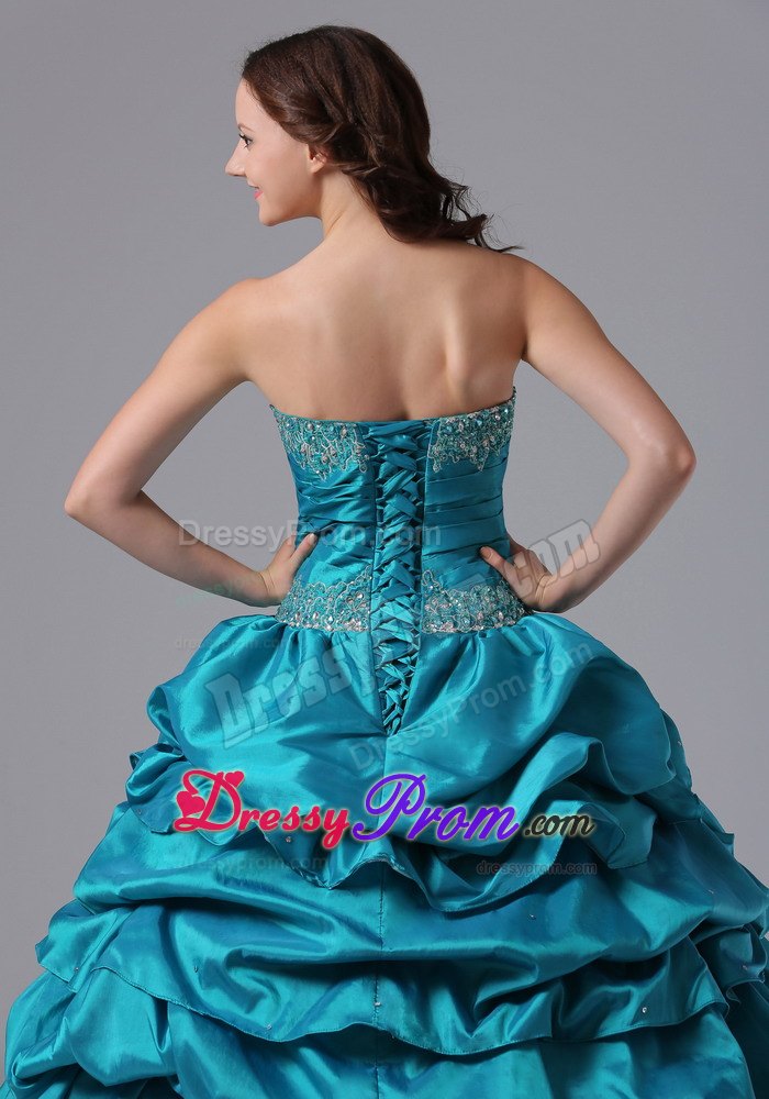 Turquoise Pick-up Quinceanera Dress With Beading and Appliques