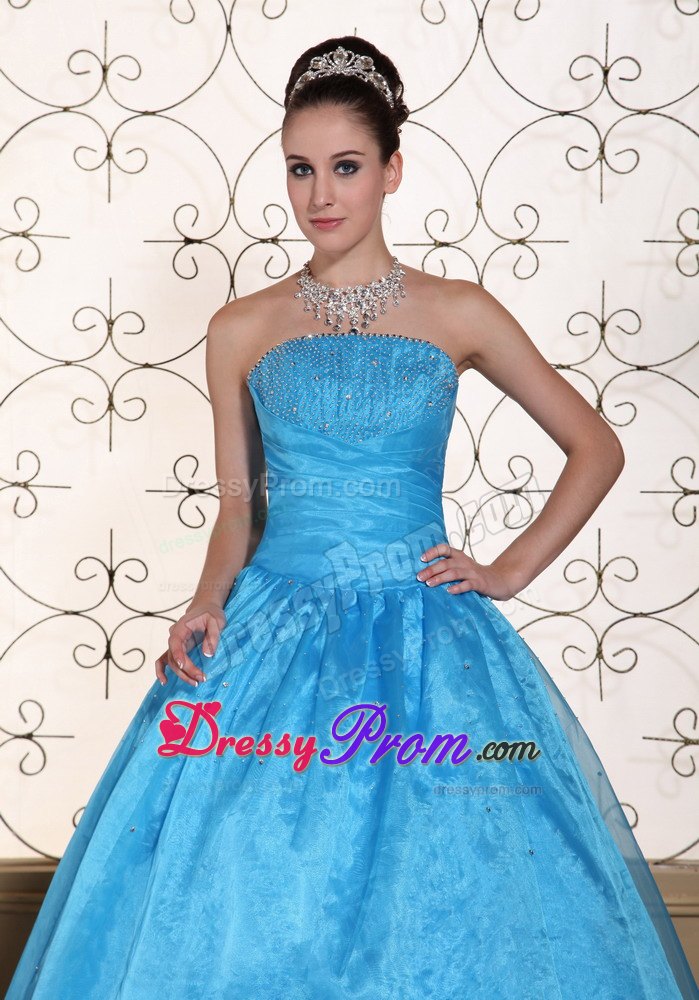 Strapless Blue Quinceanera Dress With Beading and Floor-length