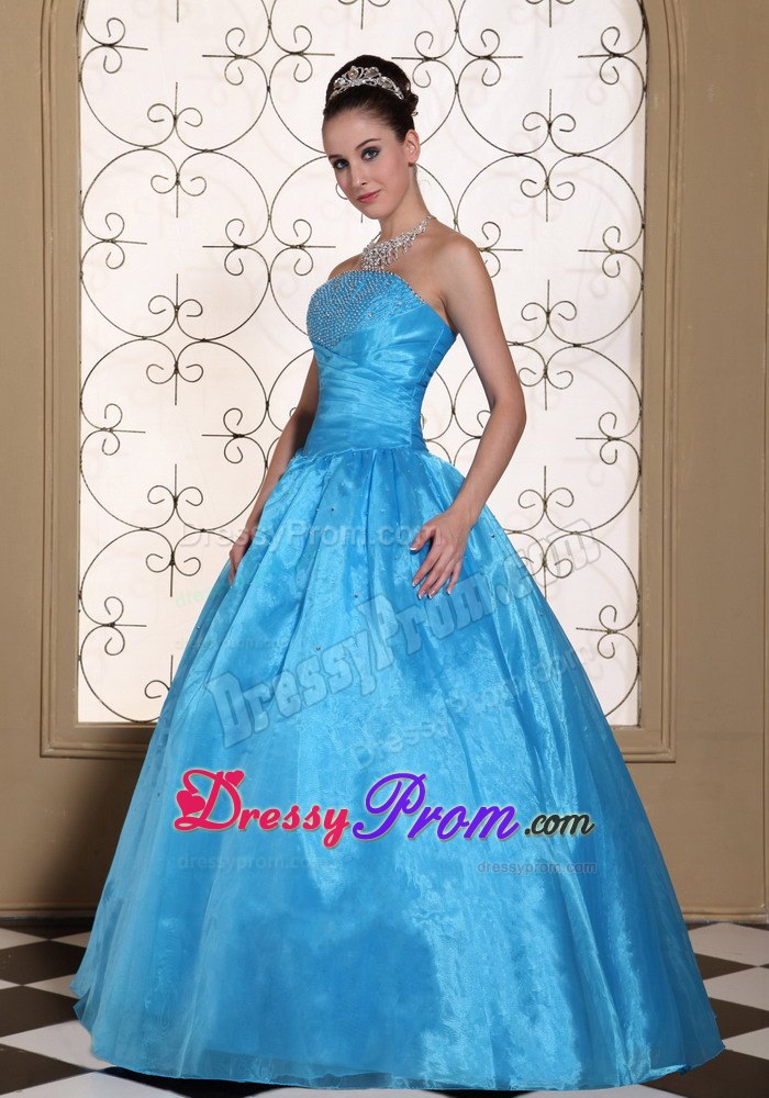 Strapless Blue Quinceanera Dress With Beading and Floor-length