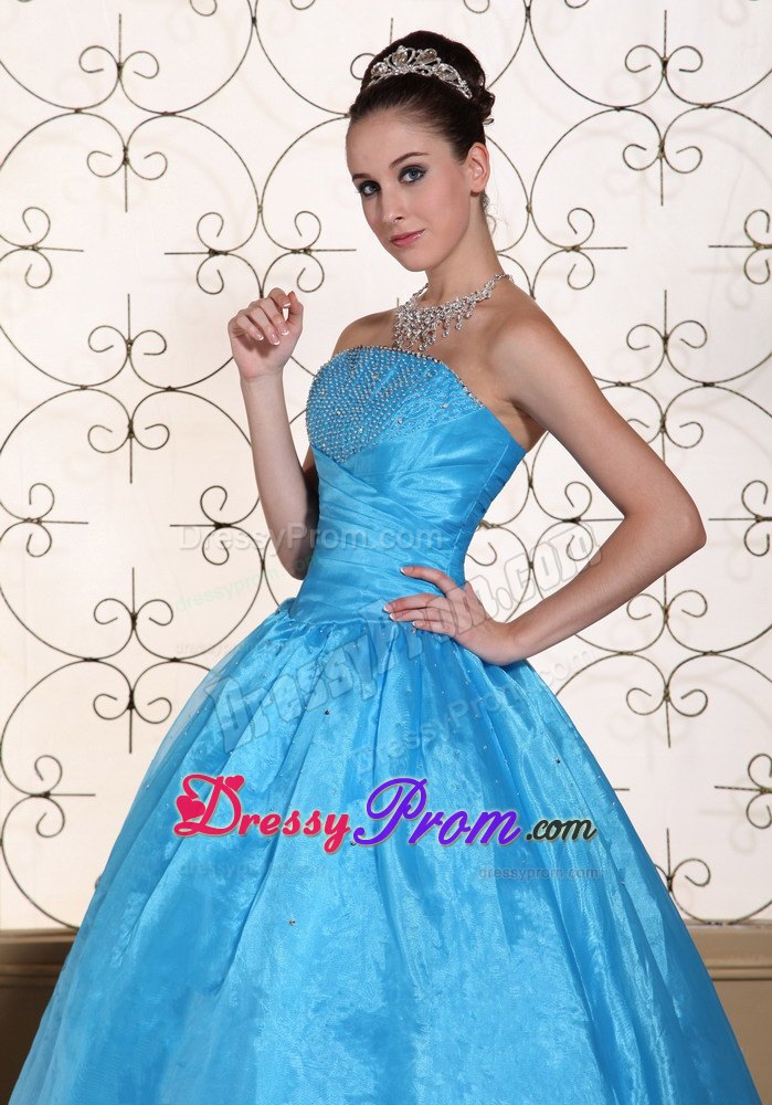 Strapless Blue Quinceanera Dress With Beading and Floor-length