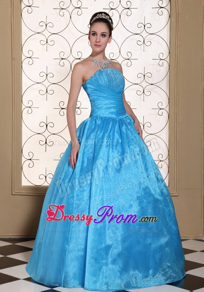 Strapless Blue Quinceanera Dress With Beading and Floor-length