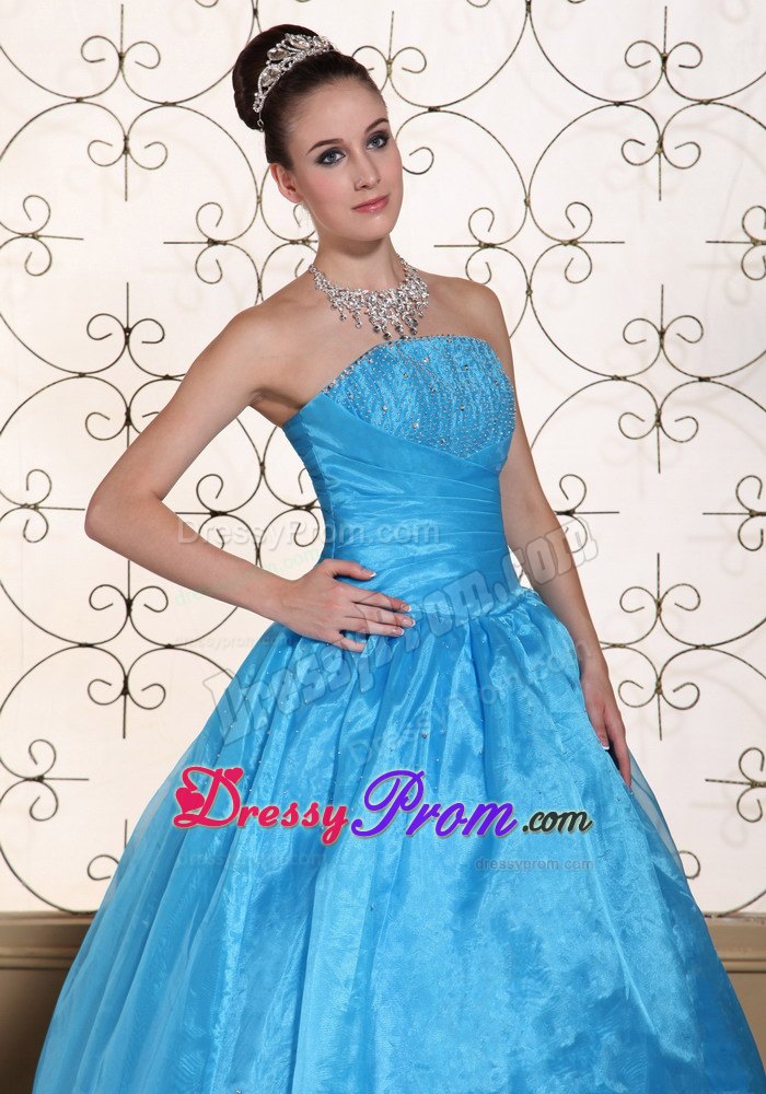 Strapless Blue Quinceanera Dress With Beading and Floor-length