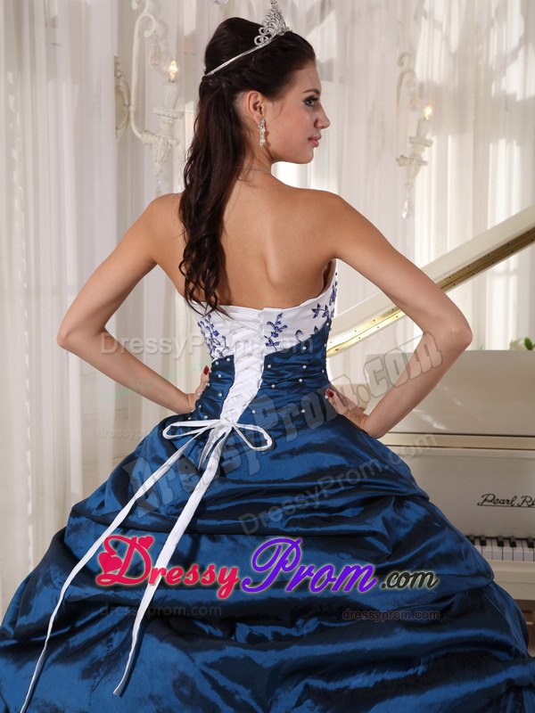 Navy Strapless Embroidery Pick-ups Quinceanera Dress
