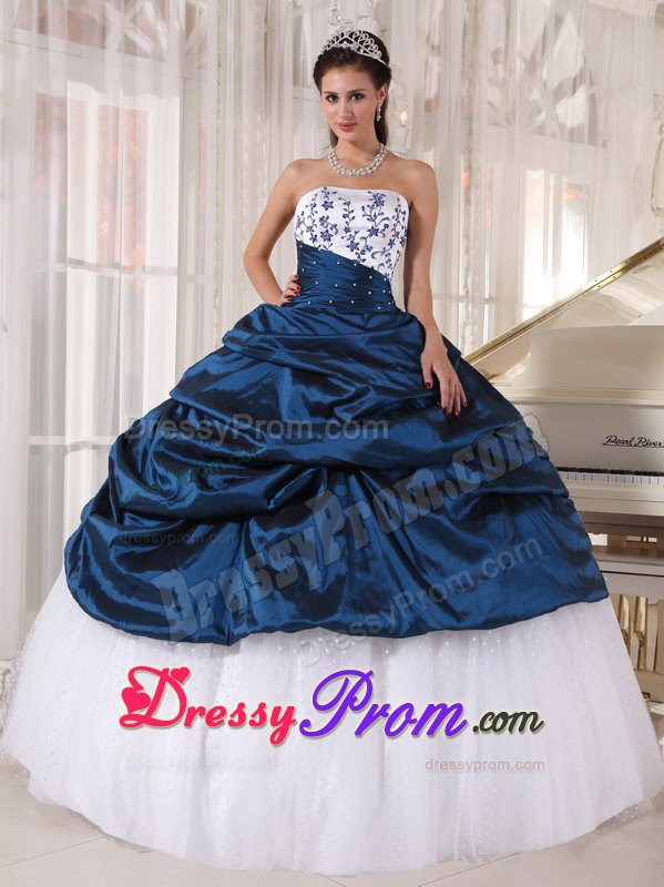 Navy Strapless Embroidery Pick-ups Quinceanera Dress