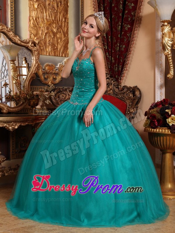 Teal Spaghetti Straps Floor-length Beading Quinceanera Gown