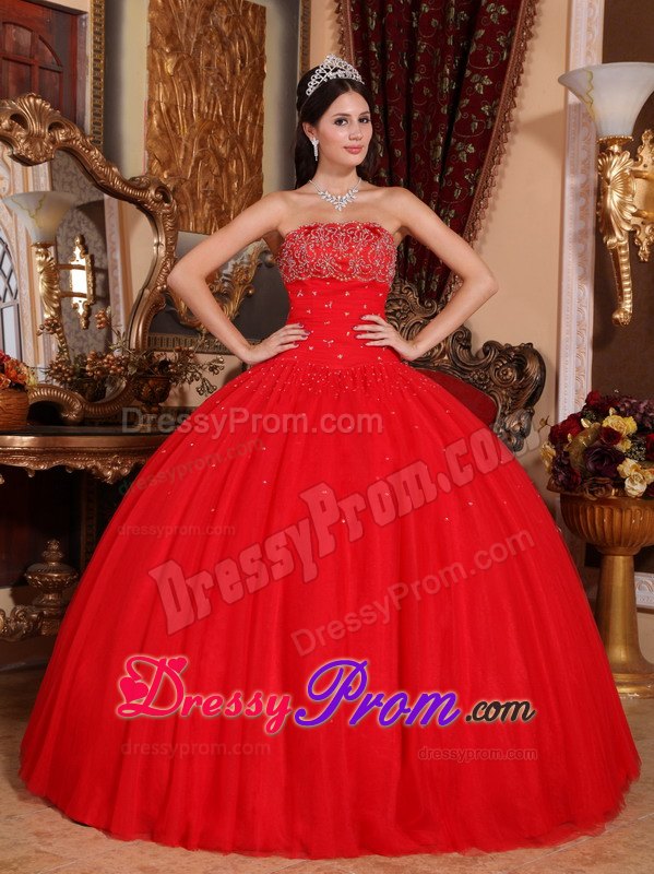 Beading Strapless Red Ball Gown Quinceanera Dress on Sale
