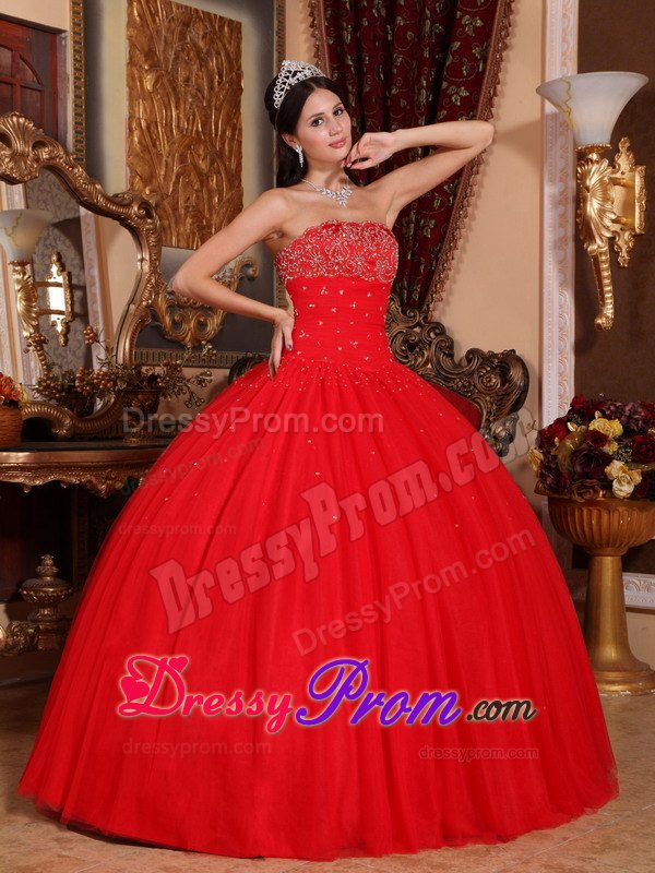 Beading Strapless Red Ball Gown Quinceanera Dress on Sale