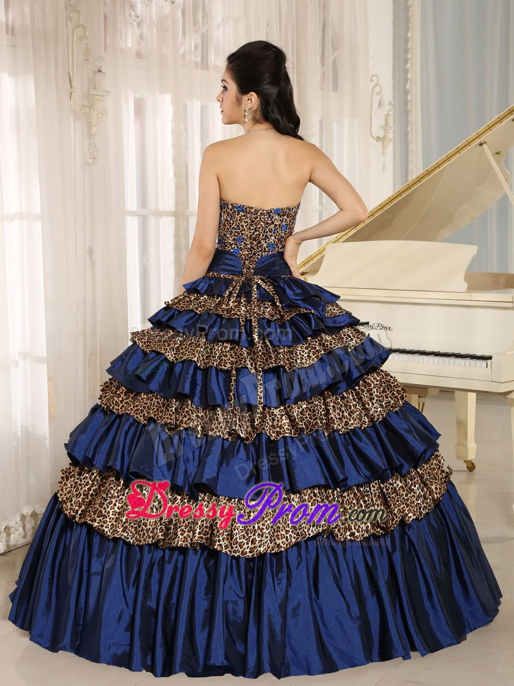 Navy Blue Leopard Print Sweet 15 Dresses with Ruffled Layers