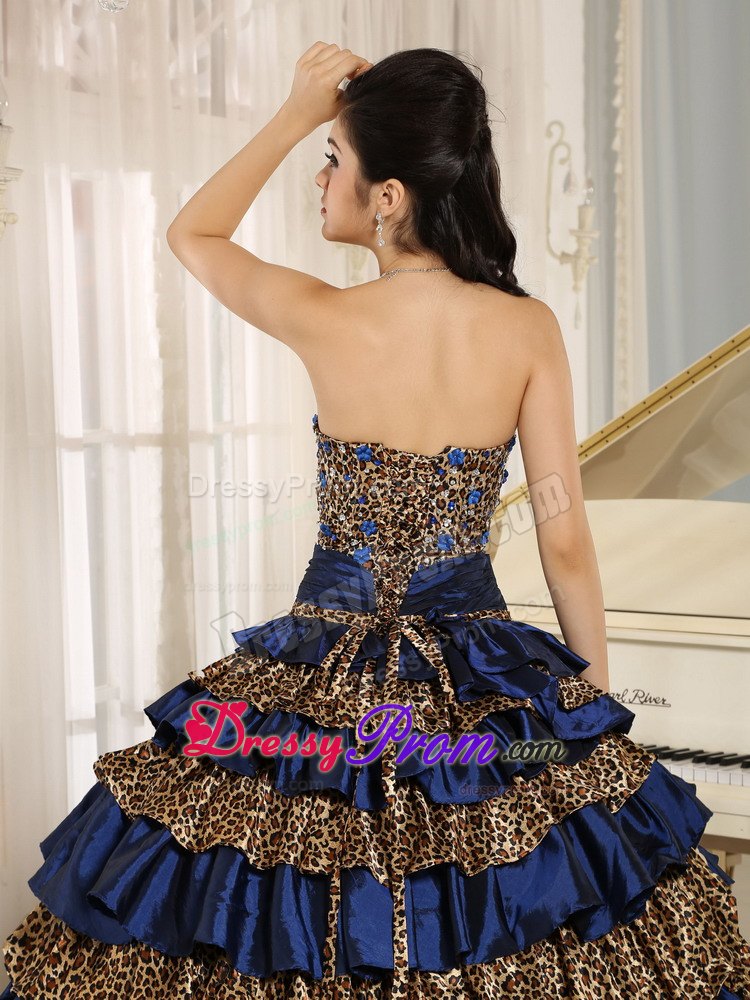 Navy Blue Leopard Print Sweet 15 Dresses with Ruffled Layers