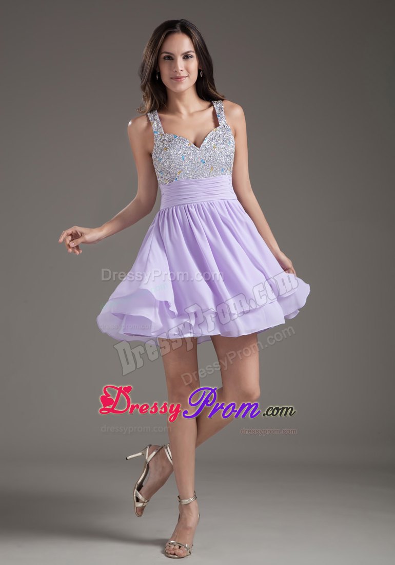 Low Price Lilac Beaded Mini-length Dresses for Prom with Straps