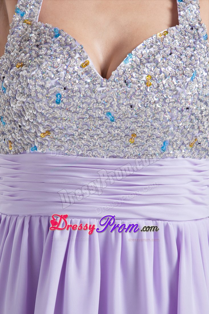 Low Price Lilac Beaded Mini-length Dresses for Prom with Straps