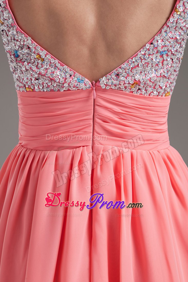 Hot Sale Fitted Beaded Straps Watermelon Puffy Short Junior Prom