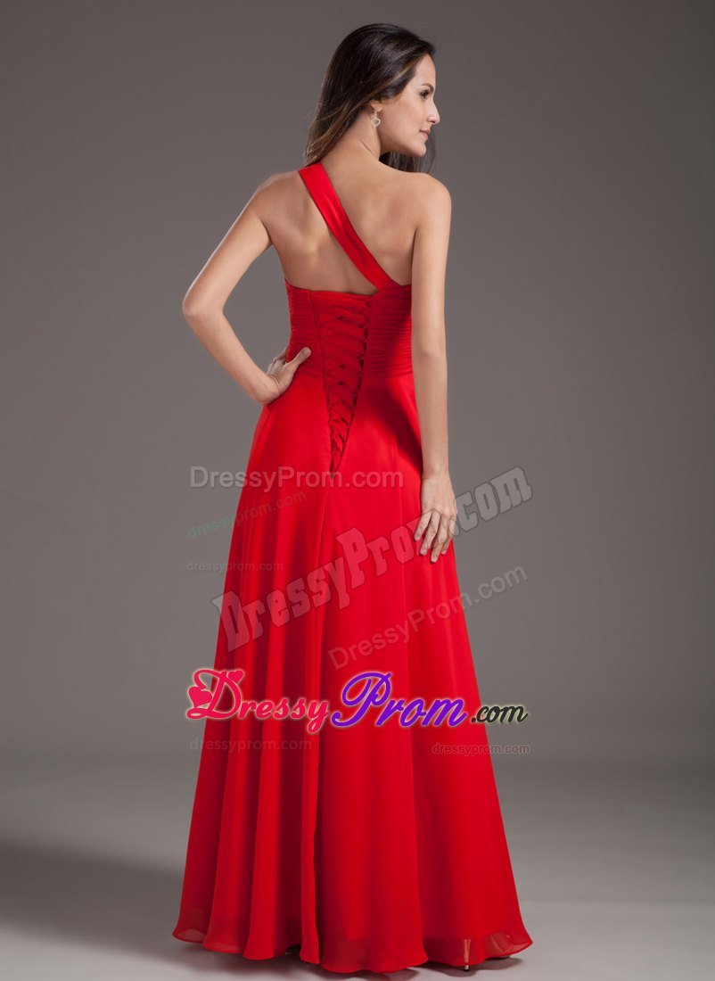 Wholesale Red One Shoulder Beaded Chiffon Prom Dress Lace-up