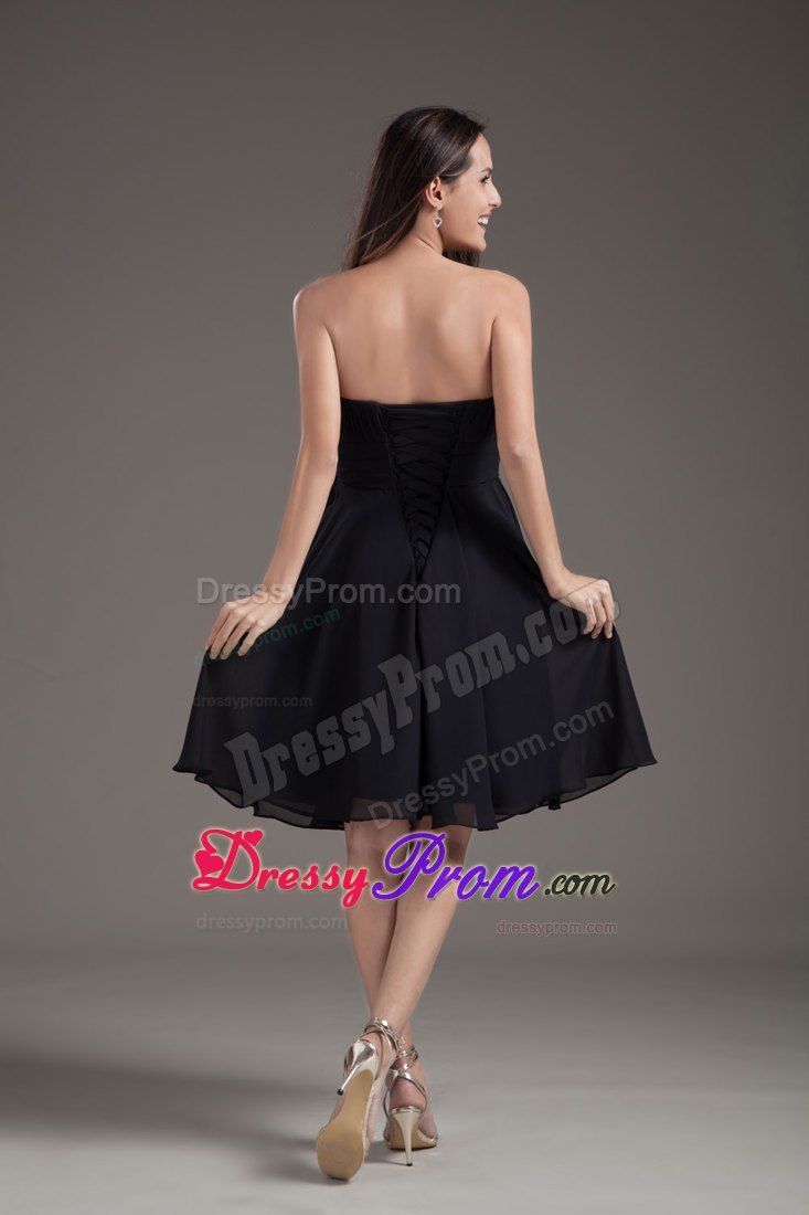 Casual Knee-length Black Ruched Prom Cocktail Dress with Sash