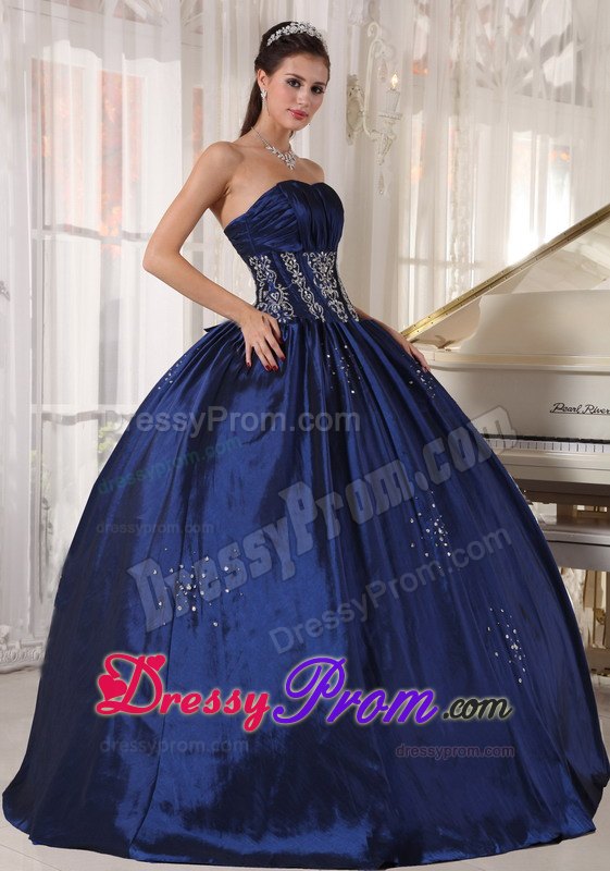 Navy Strapless Floor-length Appliques and Beading Quinceanera Dresses