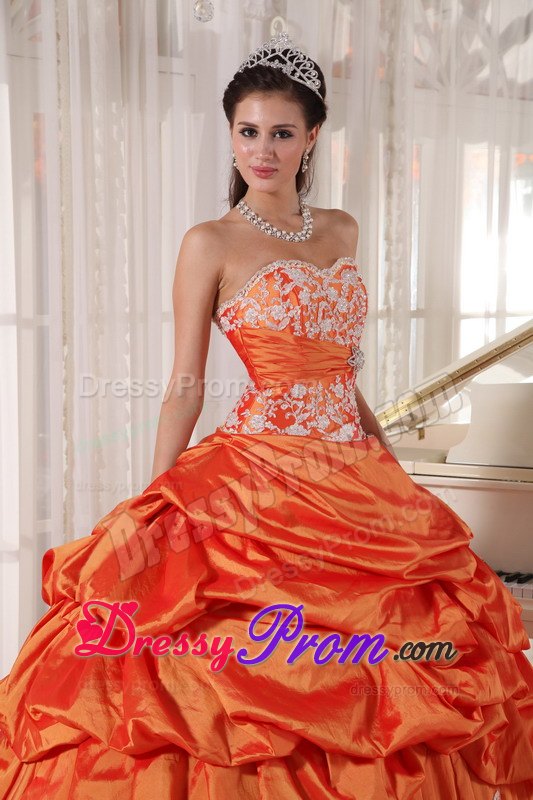 Sweetheart Dress For Quinceanera with Appliques and Ruching in Orange