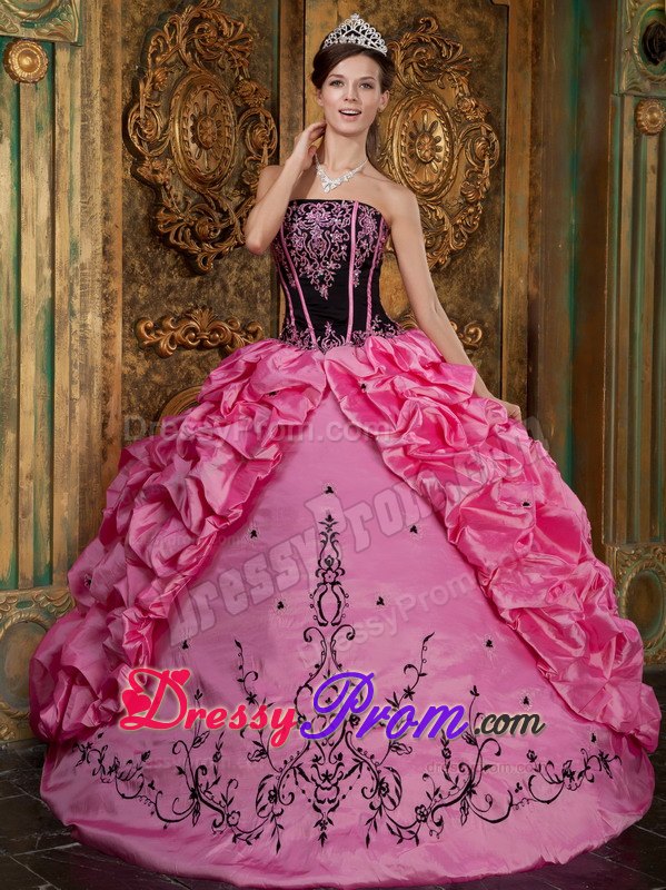 Rose Pink Strapless Embroidery Quinceanera Dress with Pick-ups