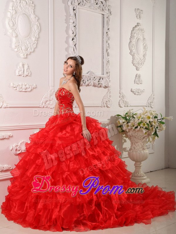 Strapless Red Dress For Quinceanera with Ruffles and Embroidery