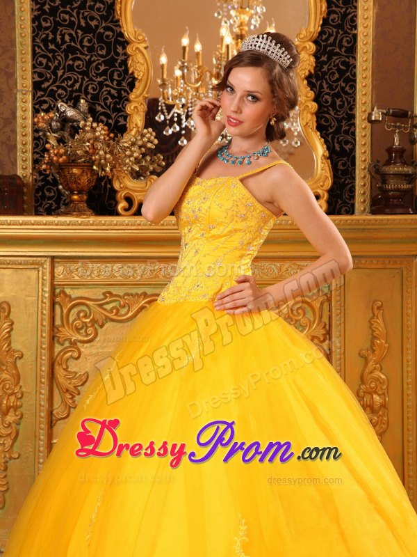 Bright Yellow Spaghetti Straps Floor-length Beading Quinceanera Gowns