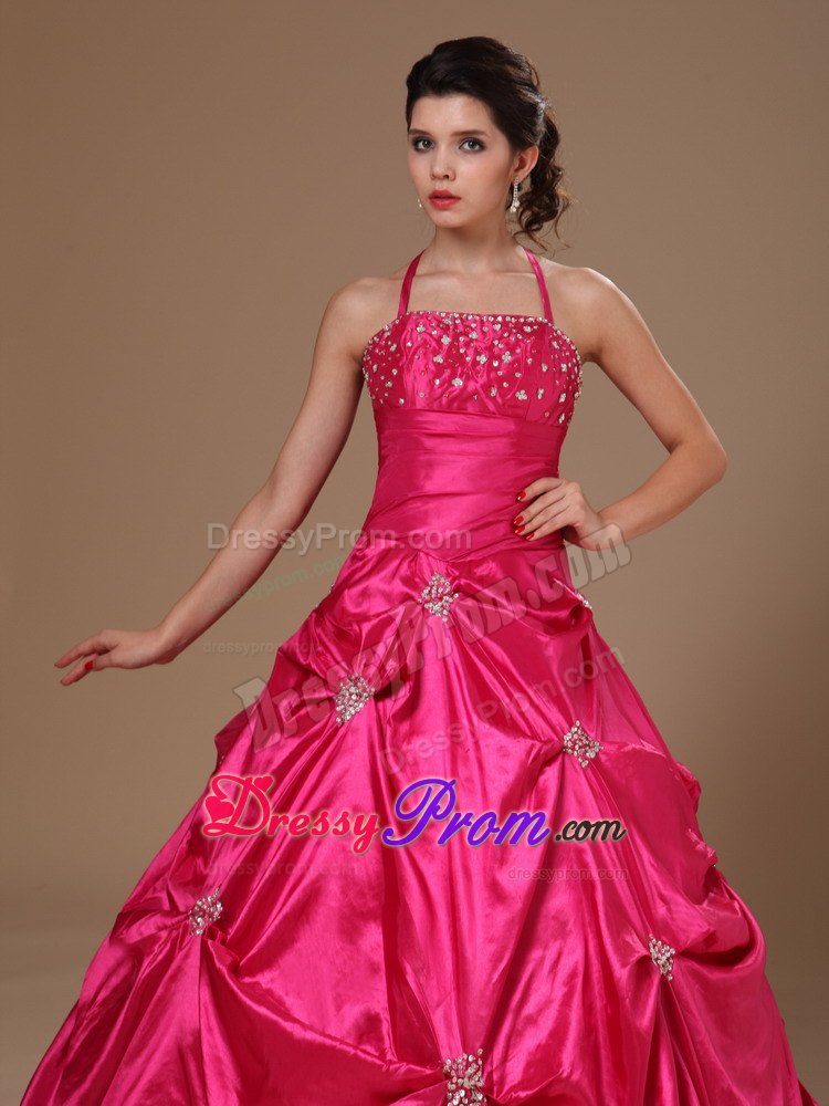 Beading Halter Hot Pink Taffeta Quinceanera Dress with Pick-ups