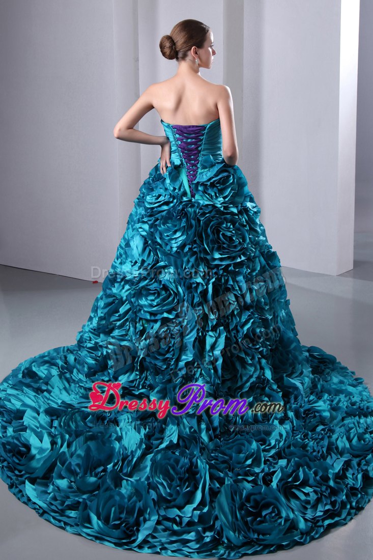 Ruched Teal Hand Made Flowers Brush Train Dresses for Quinceanea