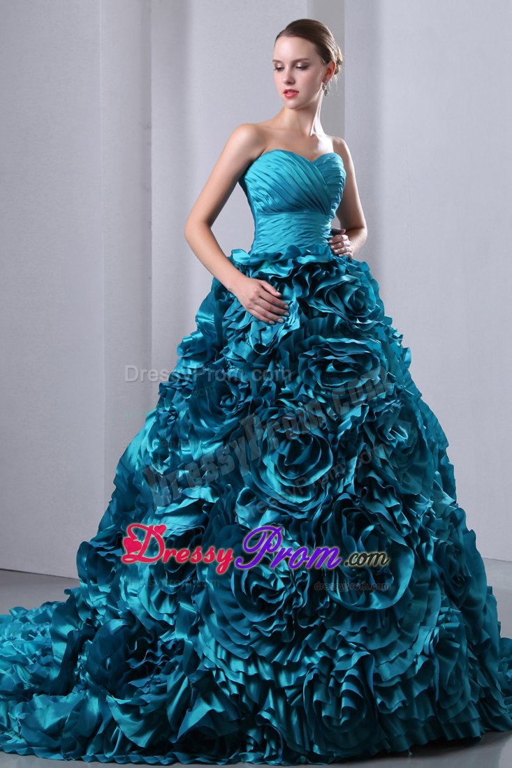 Ruched Teal Hand Made Flowers Brush Train Dresses for Quinceanea