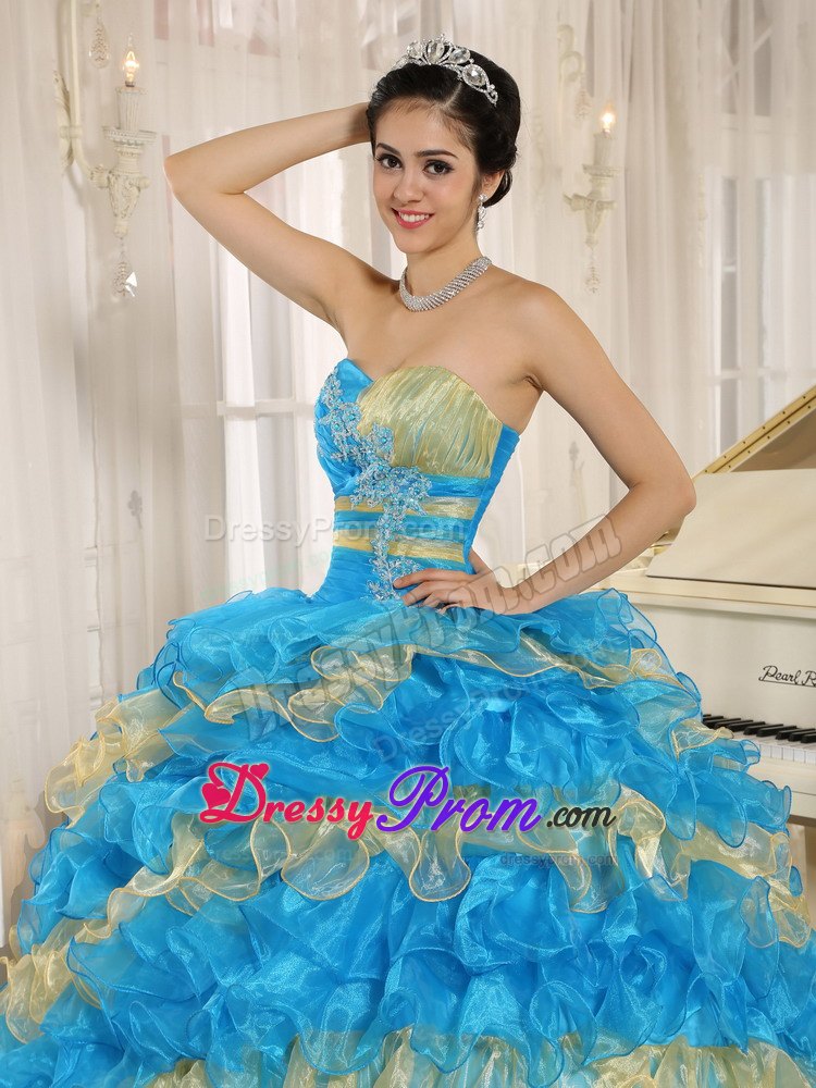 Colorful Blue and Yellow Ruffles Beading Quinceanera Dresses