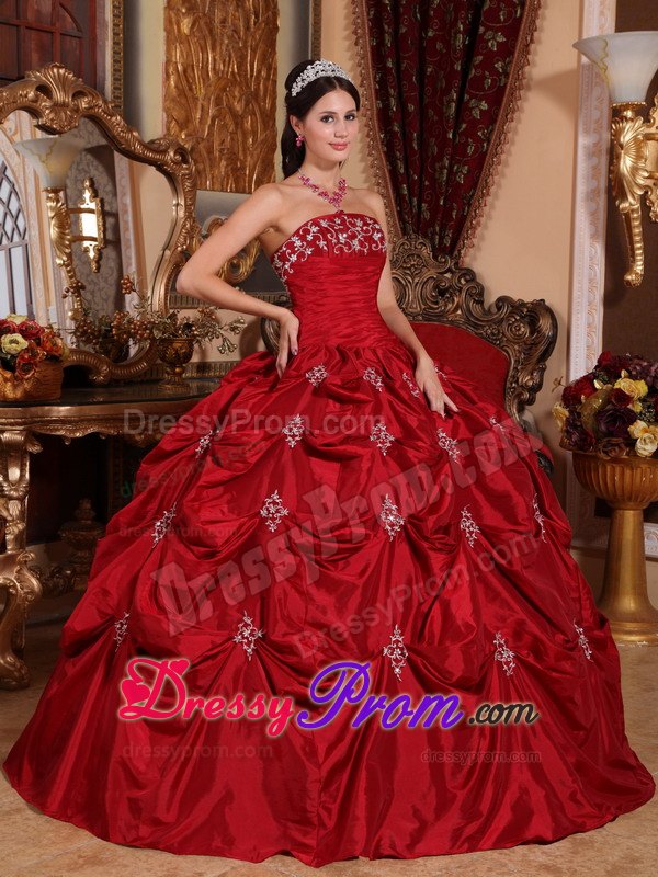 Ruched Appliques Wine Red Taffeta Quinceanera Dress with Pick-ups