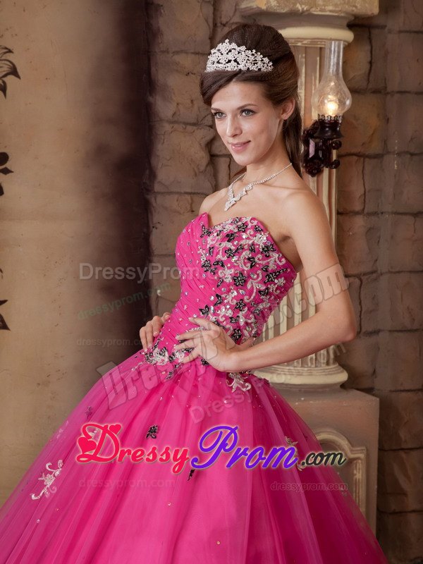 Hot Pink Beading Organza Quinceanera Dress with Colorful Appliques