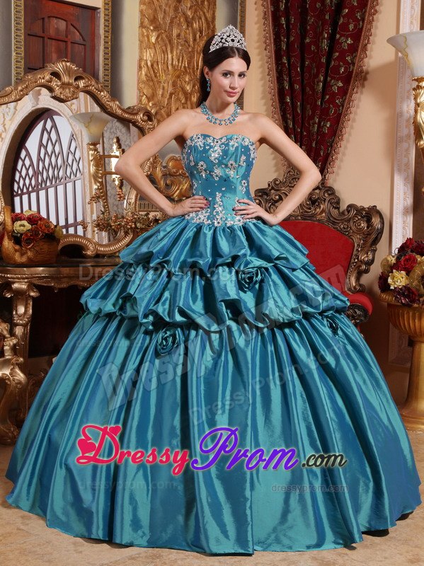 Teal Appliques Taffeta Flowers Quinceanera Dress with Pick-ups