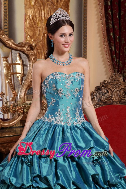 Teal Appliques Taffeta Flowers Quinceanera Dress with Pick-ups