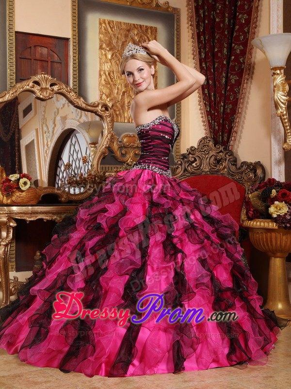 Beaded Sweetheart Black and Red Ruffles Organza Quinceanera Dress