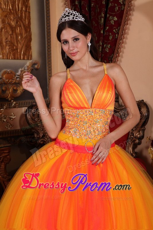 Spaghetti Straps Beading Orange Red Quinceanera Dress with V-neck